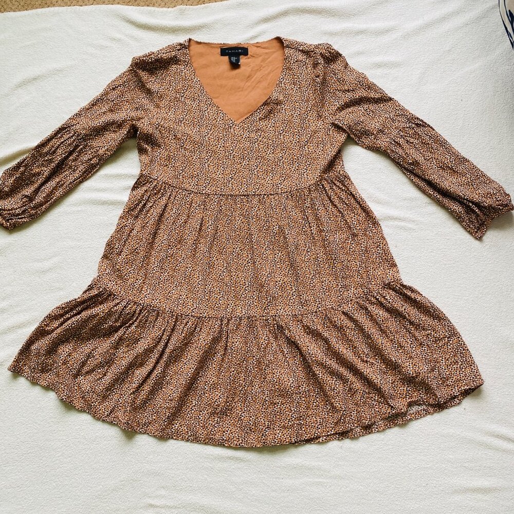 Tahari Dress Womens XS Micro Leopard Print Baby Doll Mini V Neck Comfort Loose